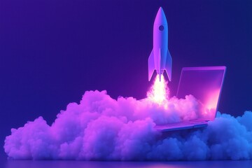 Obraz premium Neon rocket launching from a laptop surrounded by glowing pink and blue smoke in a futuristic setting