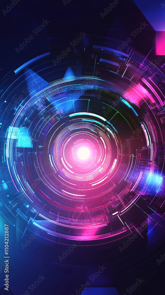 Poster dynamic abstract background featuring vibrant geometric shapes and a luminous center, creating a sen