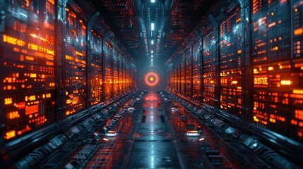 Fototapeta premium Futuristic corridor illuminated by orange lights with glowing screens creating a high-tech atmosphere. Generative AI