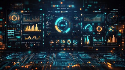 Futuristic digital dashboard displaying data analytics and visualizations.