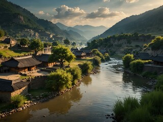 Obraz premium Ancient village scene with trees, hills, and rivers.