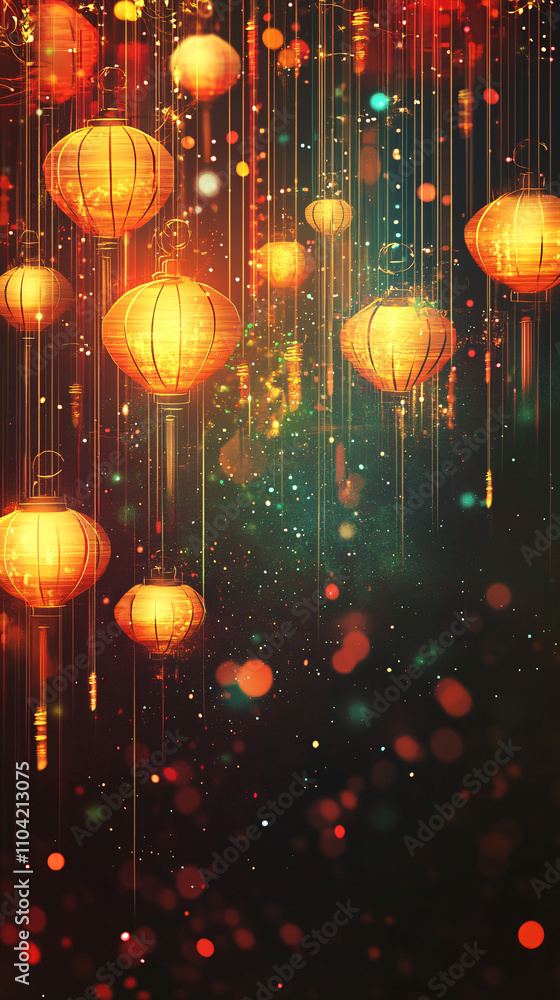 Poster glowing golden lanterns float gracefully in a dark background, creating a mystical and festive ambia