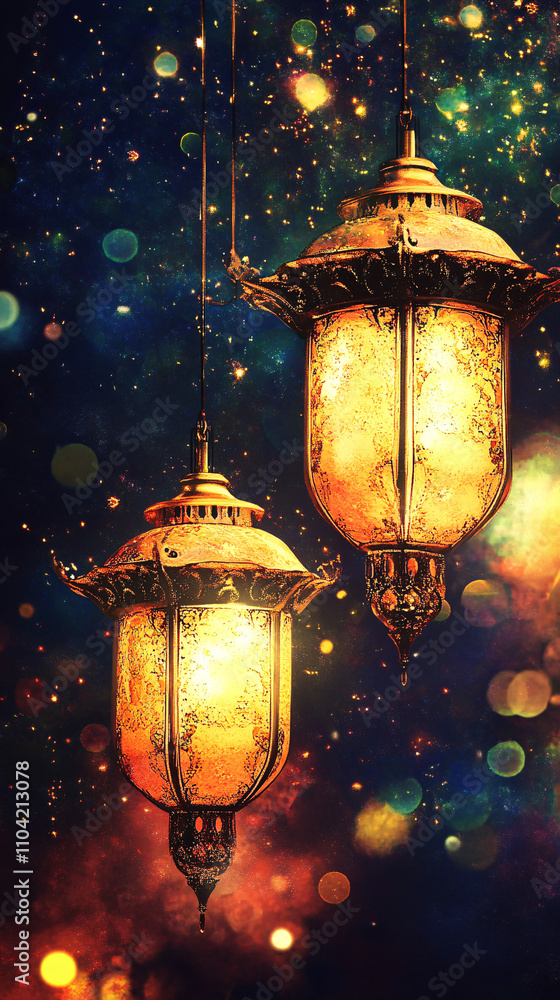 Poster glowing golden lanterns illuminate an abstract background filled with vibrant colors and bokeh effec
