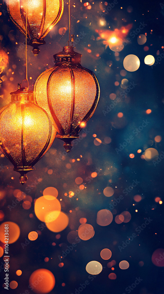 Aufkleber glowing golden lanterns illuminate a dreamy background filled with soft bokeh lights, creating a war