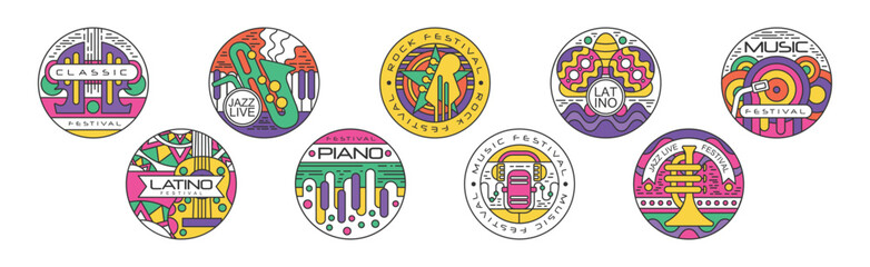 Live Music and Concert Festival Logo and Round Sticker Vector Set