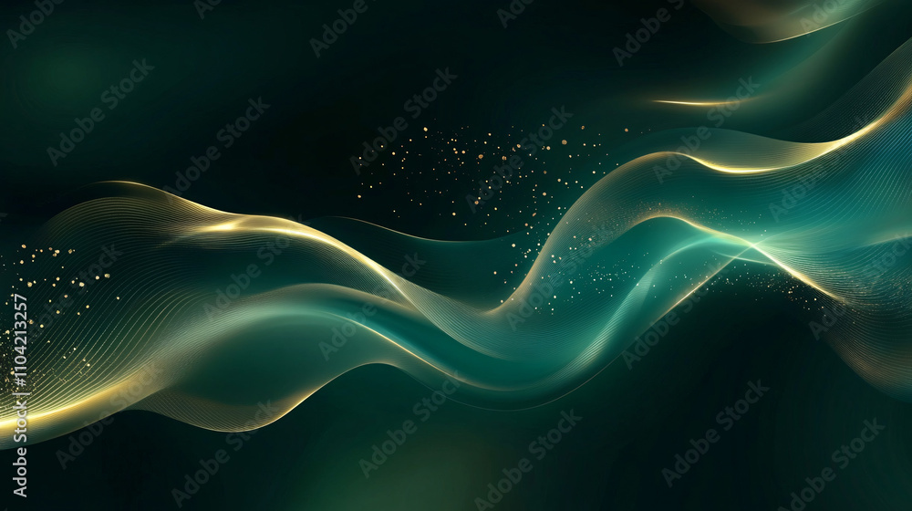 Poster luxurious abstract background featuring flowing curves and shimmering gold highlights against a deep