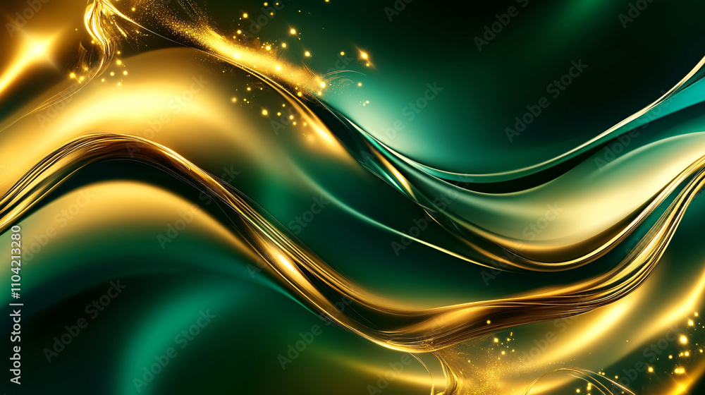Poster abstract background features luxurious gold and emerald hues with flowing lines and luminous sparks 