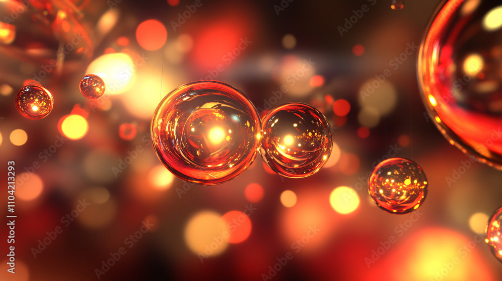 Poster abstract background featuring metallic red and gold bubbles surrounded by a dreamy bokeh of soft lig