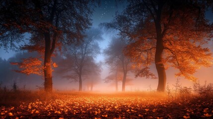 Obraz premium Foggy Autumn Forest with Glowing Orange Leaves and Mysterious Atmosphere