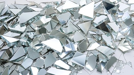 A close-up view of shattered mirror shards, showcasing their sharp edges and the way they catch the light.