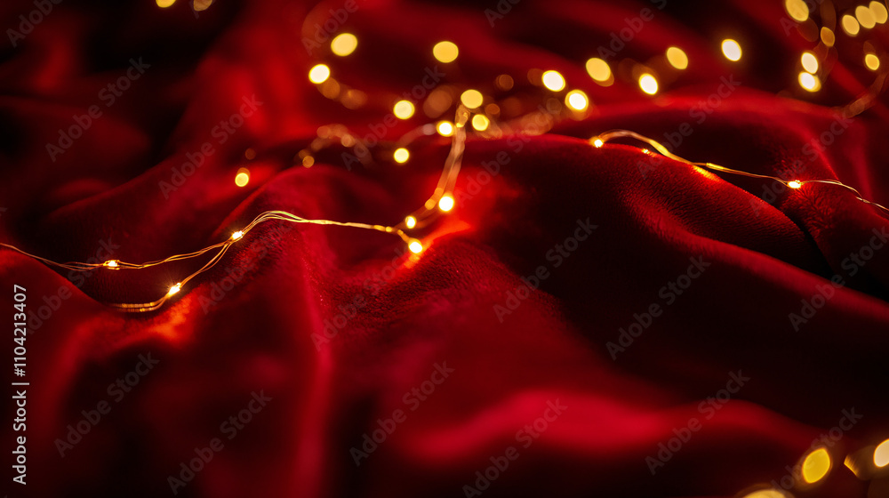 Poster soft golden fairy lights illuminate a rich red background, creating a warm and inviting atmosphere w