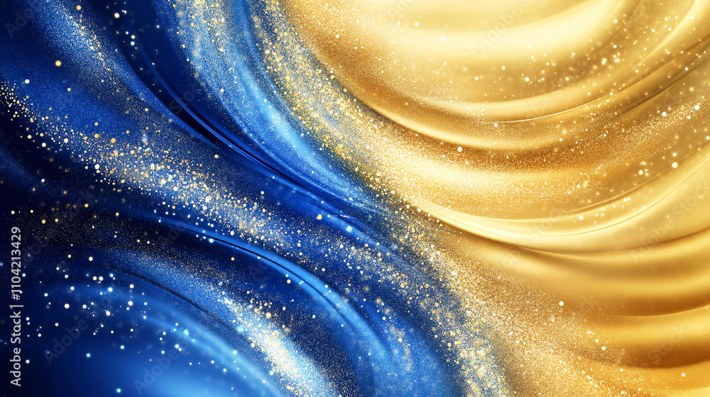 Poster abstract background features radiant gold and sapphire hues blending together with sparkling element