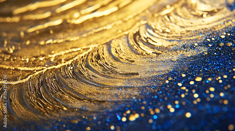 Poster abstract background featuring radiant gold and sapphire hues with textured patterns and shimmering d