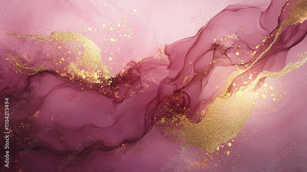 Poster abstract background features swirling pink and gold hues with a delicate texture creating a dreamy a