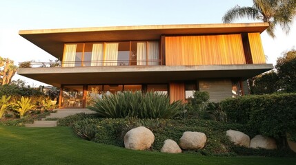 Modern two-story house with wooden accents and landscaped garden.