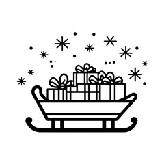 Obraz premium Sleigh with gifts, black and white vector illustration, A simple line drawing