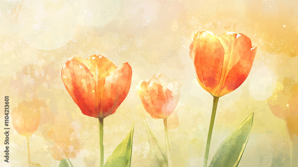 Poster vibrant spring tulips in soft watercolor style create an abstract background filled with warm colors