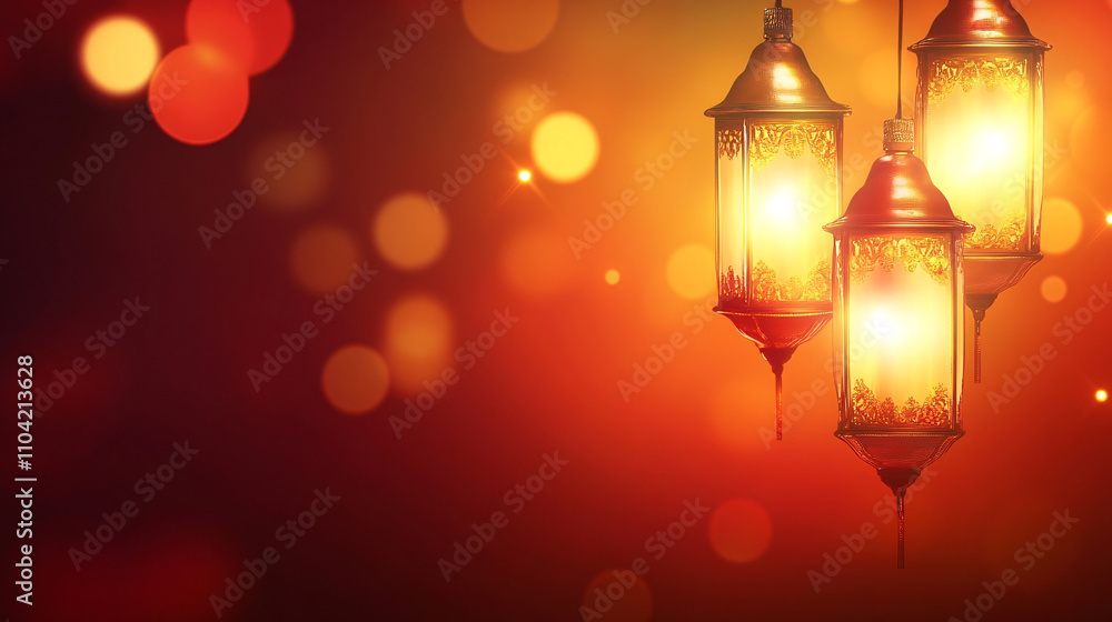 Aufkleber warm golden lanterns emit a soft glow against a vibrant abstract background filled with bokeh lights