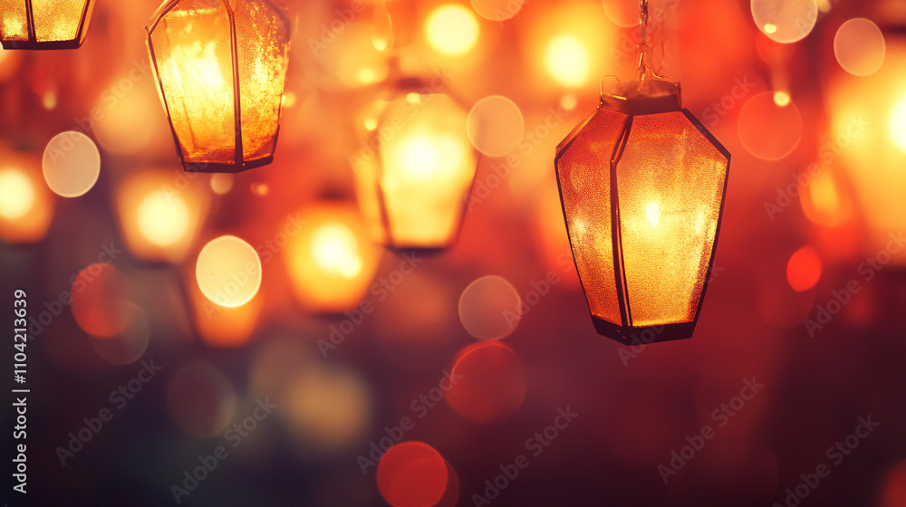 Poster warm golden lanterns softly glow against a vibrant abstract background, creating a soothing and invi