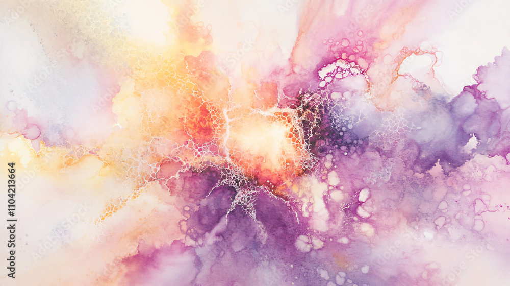 Poster abstract background features vibrant watercolor splashes blending warm and cool colors, creating a d