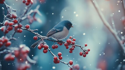 A small bird perched on vibrant red berries in a snowy landscape, surrounded by soft falling snowflakes.