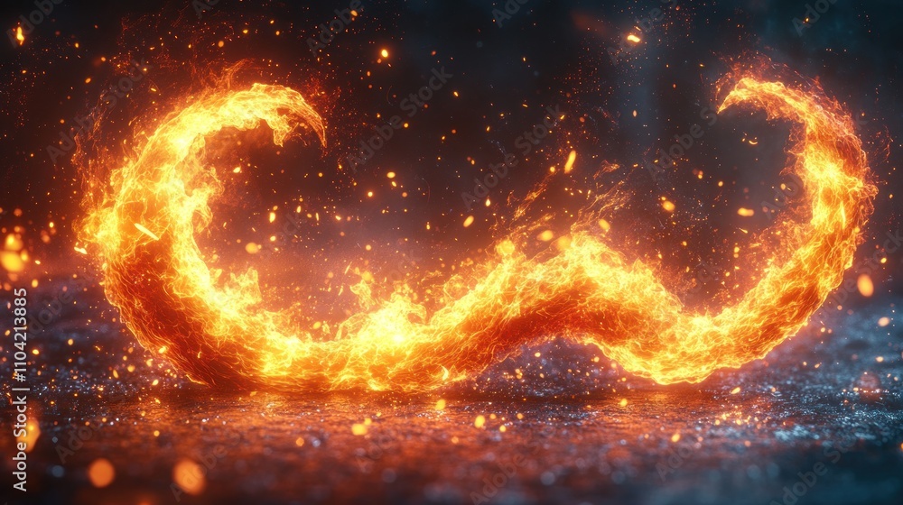 Poster a fiery, swirling flame design against a dark background, creating a dynamic visual effect.