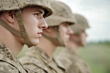 Fototapeta premium Young soldier stands confidently among fellow troops during training at a military camp