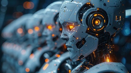 Fototapeta premium Futuristic robots lined up in a high-tech environment showcasing advanced technology and design. Generative AI