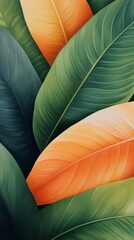Vibrant green and orange leaves create a striking natural pattern in this artistic composition