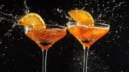 Two cocktails with orange slices splash against a dark background.