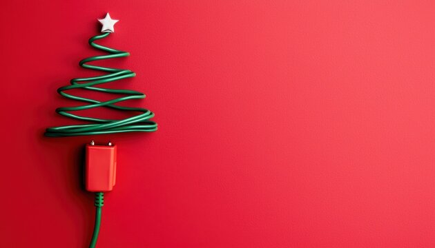 A festive, minimalist Christmas tree made of green wire with a star, connected to a red USB cable against a vibrant red background.