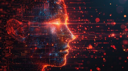 Fototapeta premium Captivating digital face with glowing lines and vibrant particles surrounded by a cosmic background. Generative AI