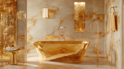 Luxurious bathroom featuring a golden freestanding tub and elegant decor.