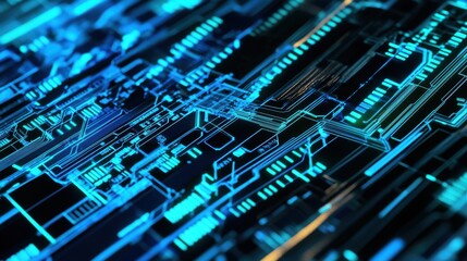 A futuristic design with glowing, circuit-like gridlines in neon blue and green, intersecting over a dark textured background. The sharp edges and radiant light highlight technological innovation.