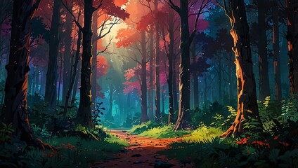 Fototapeta premium Anime forest scene in vibrant colors.