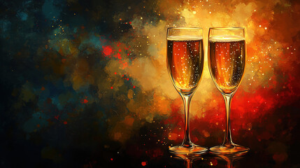Celebrating with two sparkling glasses in a vibrant background of colors and bubbles during a festive evening. Generative AI