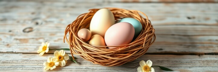 Colorful decorative eggs arranged in a rustic woven nest on a weathered wooden surface with flowers