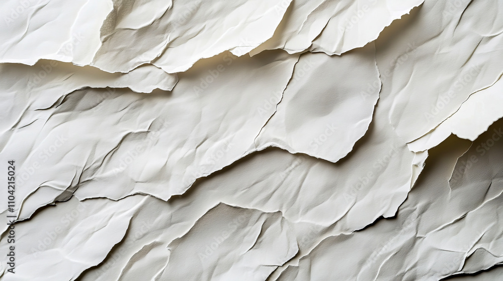 Poster textured layers of torn white paper creating an abstract background