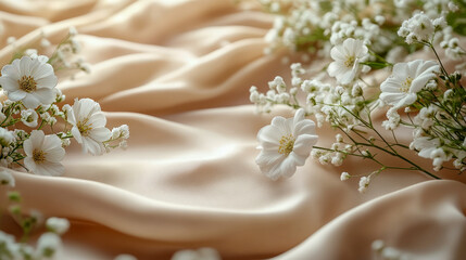 Elegant floral arrangement on silk with white flowers and gentle shadows