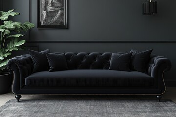 A luxurious black velvet sofa with decorative pillows against a dark wall and plant.