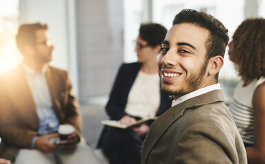 Happy man, portrait or meeting with social group for business psychology, team session or counseling at office. Businessman, counselor or company therapist with smile for lesson, community or support