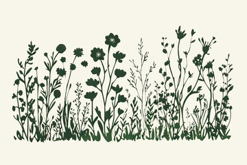 Silhouette of wildflowers and grasses on light background
