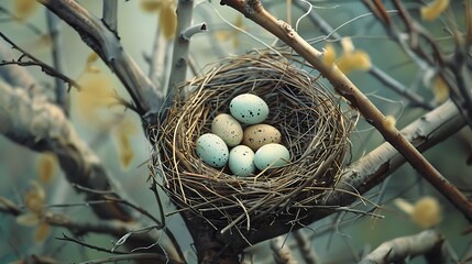 Fototapeta premium A close-up photo of a bird's nest with speckled eggs, showcasing the intricate details of the nest and the delicate nature of the eggs.