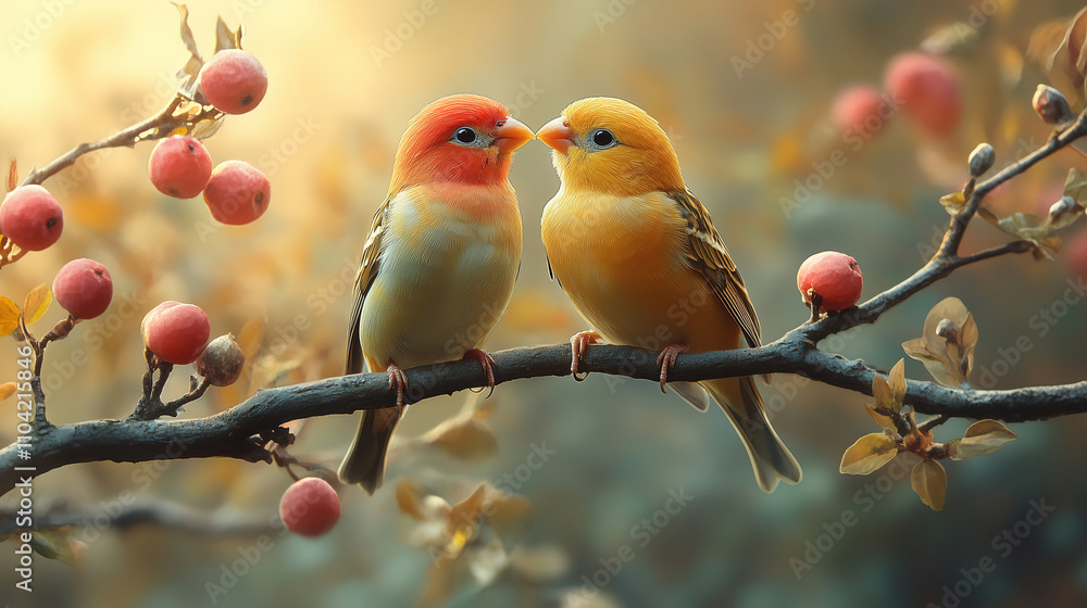 Poster Colorful birds perched on a branch in a serene setting during golden hour. Generative AI