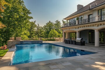 Fototapeta premium A large, rectangular swimming pool with a stone patio and a luxurious home in the background.