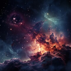 Fototapeta premium Fiery cosmic explosion surrounded by glowing gas clouds and starry skies.
