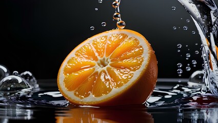 orange with water droplets and half submerged in water on a black background 