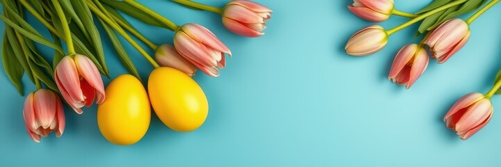 Colorful spring tulips and yellow Easter eggs arranged on a bright blue background for a festive celebration