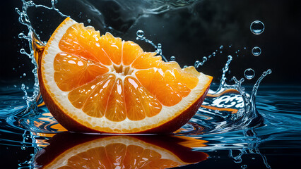 orange with water droplets and half submerged in water on a black background 