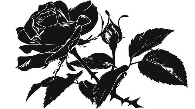 A black and white illustration of a single rose with two buds and leaves. The rose is drawn in a classic, elegant style with intricate details in the petals and leaves. 